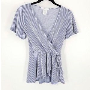 Caution To The Wind Striped Faux Wrap Peplum Top